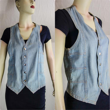 Vintage denim vest with sunrise stitching by Esprit Campus, light wash blue jean 70s 80s hippie clothing boho style Fashion Esprit de Corp 