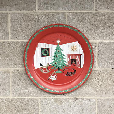 Vintage Christmas Tray Retro 1950s Metal Plate + Serving Tray + MCM + Christmas Home + Tree + Fireplace + Train + Doll + Red + Green + Decor 