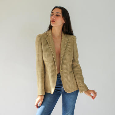 Vintage 90s Ralph Lauren Tan Earthtone Tweed Plaid Blazer | 100% Cotton | Bohemian | 1990s Ralph Lauren Cropped Single Button Plaid Jacket 