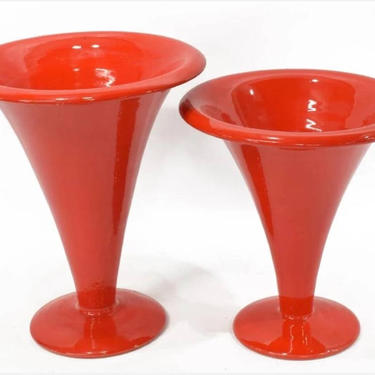 Vintage Pair of Large Italian Mid-Century Modern Italica ARS Bright Atomic Red Hand-Turned Pottery Vases - Circa 1960 Florence, Tuscany by LynxHollowAntiques