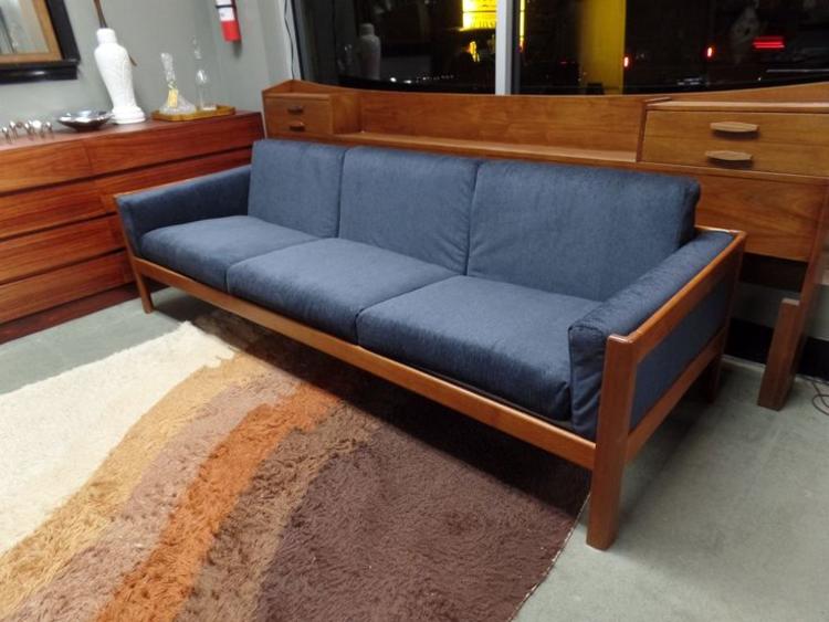 Danish Modern teak frame sofa with new navy blue upholstery