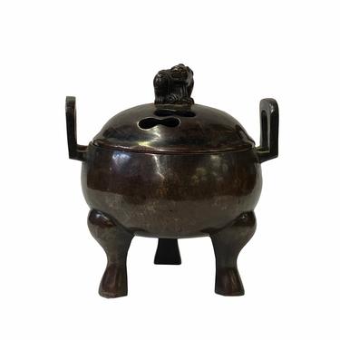 Oriental Brown Finish Metal Incense Burner with Foo Dogs Accent Lid ws1702E 