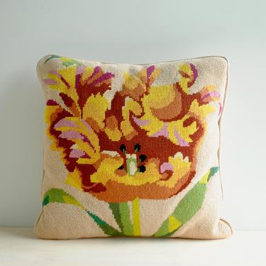 Vintage Needlepoint Flower Throw Pillow, Sofa Pillow, Toss Pillow, Green, Orange, and Yellow Vintage Pillow 