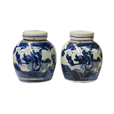 Pair Blue White Small Oriental Kid Kirin Porcelain Ginger Jars ws1381 