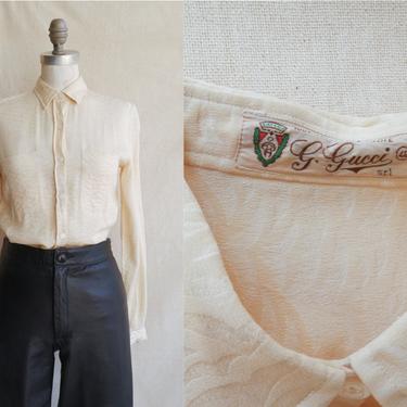 Vintage 70s Gucci Ivory Silk Blouse/ 1970s Jacquard Button Up Off White Blouse/ Size XS Small 