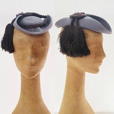 1930s Toy Hat Gray Wool Brown Silk Chord Tassel / 30s Miniature Hat Novelty New York Creations / Carole 
