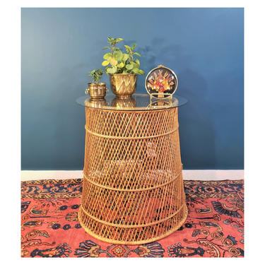 FREE SHIPPING Vintage Boho Wicker Drum Table with Glass Top | Bohemian Rattan Barrel Base | MCM Hoop Side Table 