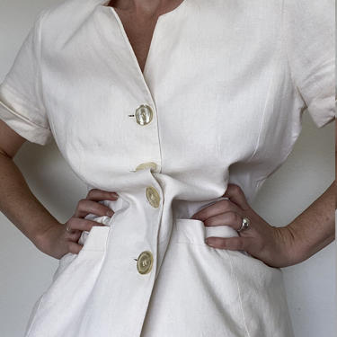 vintage white linen blend short sleeved blazer jacket size us 10 