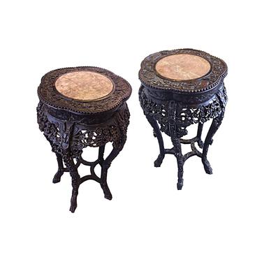 Late 19th Century Chinese Marble-Topped Jardinière Side Tables - a Pair