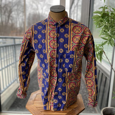 GITANO MYSTIRS Vintage 1990s Funky Geometric Print Button-Front Men's 100% Cotton Long Sleeve Shirt - Size XL 