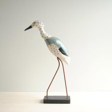 Vintage Wooden Crane or Heron Statue, Large Hand Painted Shore Bird Figurine 18&quot; Tall 