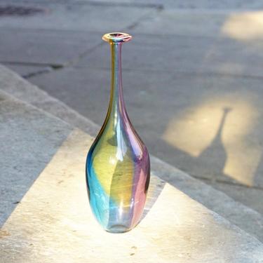 Vintage Signed Kosta Boda K. Engam Art Glass Fidji Vase #7008838, Iridescent Blown Glass Bud Vase, Mid-Century Accent Flower Vase, 11.5&amp;quot; H 