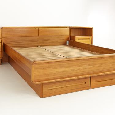 Mid Century Danish Teak Queen Platform Storage Bed with Nightstands - mcm 