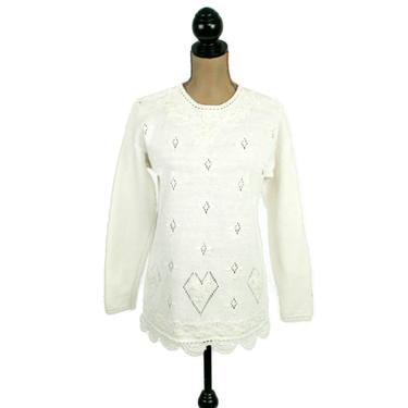 80s White Cotton Knit Long Tunic Sweater Women Small, Embroidered Beaded Pointelle Scallop Hem, 1980s Clothes Vintage Clothing Worthington 