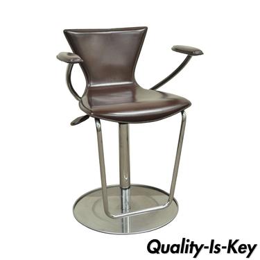 Serico Contemporary Italian Modern Brown Leather Chrome Adjust Bar Stool Chair A