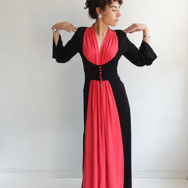 Vintage 40s Two Tone Jersey Dressing Gown/ 1940s Open Front Pink and Black Dress with Bell Sleeves/ Size Small 