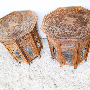 Gorgeous Hand-Carved Vintage Bohemian Solid Teak Wood Geometric Hexagon Tables (Sold Separately) 