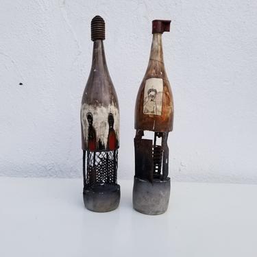 Vintage  Art Mix Metal And Pottery  Figural Painted  Bottles  Sculptures  A Pair . 