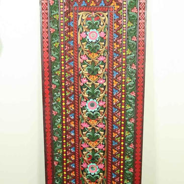 Indonesian Large Vintage Ornate Hand Carved Wooden Panel, Painted Vividly, Rumbai Sumatra, Indonesia, Bright Colors Gold Red Mirror 