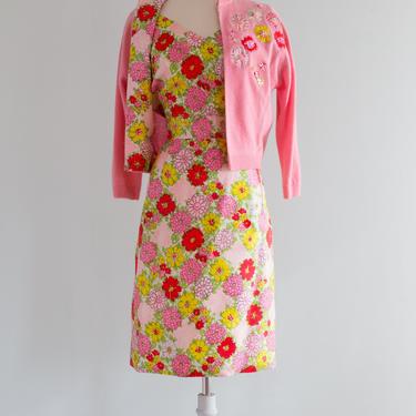 Vintage 1950's Spring Delight Silk Dress With Matching Cashmere Cardigan / Waist 27