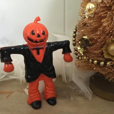 50's Halloween Scarecrow With Jack O Lantern Head, Rosbro JOL Man Hard Plastic Candy Container 