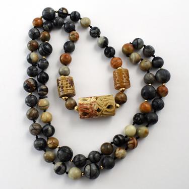 50's Chinese black silk stone banded agate beads hand carved agate barrels hollow 14k gold balls bib statement necklace 