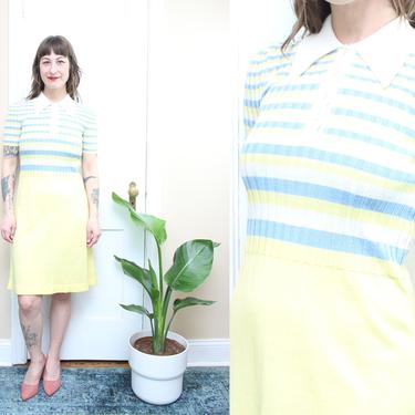 Vintage 70's Acrylic knit mini dress / 1970's Spring Yellow and Blue Striped Knit Dress / Women's Size XS-Small by Ru