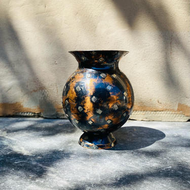 Vintage Israeli Blackened Copper & Silver Accent Vase, Oxidized Copper, Sterling Silver Diamonds, Unique Flower Vase, 8.5&quot; H x 6&quot; W 