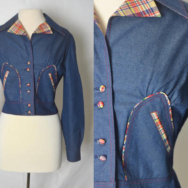 Vintage 1970s Denim Plaid Trim and Lining Crop Jacket, European Western Wear,  Sz Sm/Med by Mo