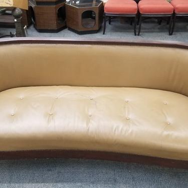 Antique Art Nouveau Hand-Carved Figural Female Ended Flame Mahogany Curved Leather Karpen Sofa