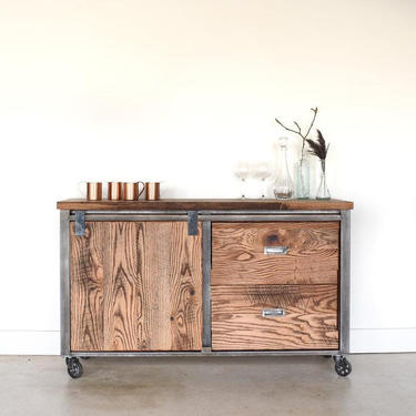Reclaimed Wood Rolling Bar Credenza / Industrial Storage Buffet 