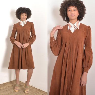 Vintage 1970s Dress / 70s Laura Ashley Corduroy Dress / Brown ( S M ) 