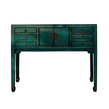 Chinese Oriental Rustic Teal Green Lacquer Drawers Slim Side Table cs5406S