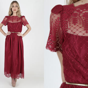 Burgundy Scallop Lace Dress Sheer Floral Maroon Bridal Dress Vintage 80s Puff Sleeve Deco Solid Lined Womens Wedding Maxi Dress 