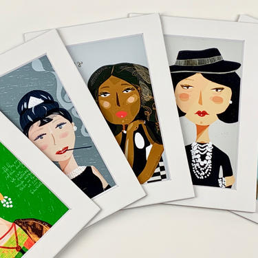 iconic mini - set of 5 4x6&amp;quot; matted prints - Coco Chanel - Frida Kahlo- Michelle Obama - Amelia Earhart - Audrey Hepburn- cubicle decor 