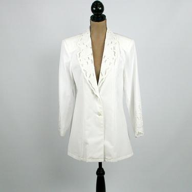 90s White Blazer Women Medium Size 10, Longline Summer Jacket with Shoulder Pads &amp; Cutwork Lace Collar, 1990s Clothes Vintage Clothing 