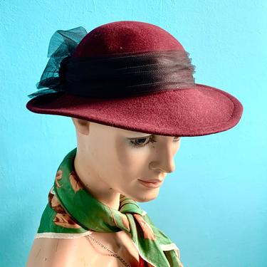 Vintage 80s Brim Hat, Burgundy Wool, Black Tulle Bow, Rose Embellished 