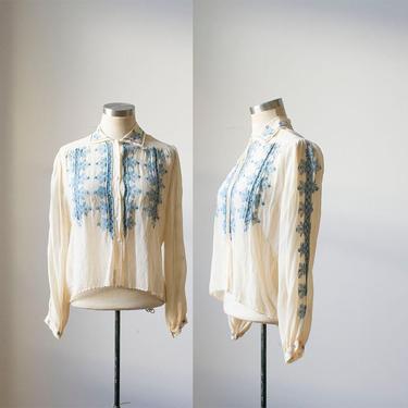 True Vintage Embroidered Blouse / Embroidered Blouse / Vintage Blouse / Blue Embroidered Blouse 
