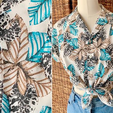 Vintage Button Down Top, Camp Shirt, Botanical Tropical Print, Blouse, Cotton Blend, 70s 80s 
