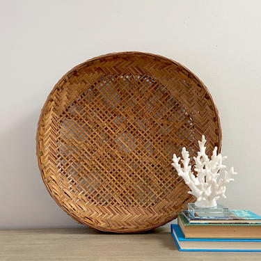 Large Round Basket Tray 19&amp;quot; Woven Bamboo Rattan Winnowing Shallow Wall Basket Coastal Southern Boho Decor 
