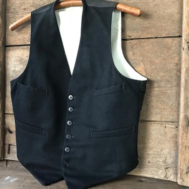 1920s Mens Black Wool Waistcoat Button Front Silk Satin Lining 