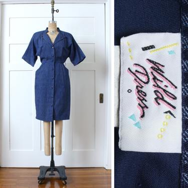 vintage 1980s casual dress • striped denim blue mega-shoulder pads  dress with hip pockets 