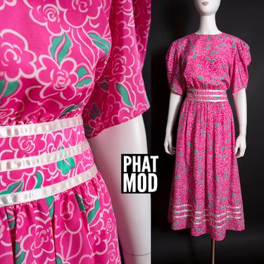 Vintage 80s Bright Dark Pink and Mint Green Leaves Floral Pattern Day Dress 