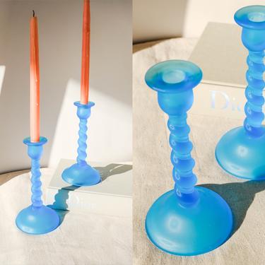 Vintage 90s Cerulean Blue Candlestick Holder Pair | Centerpiece, Home Decor, Glassware, Bohemian | 1990s Decorative Boho Candle Holder Set 