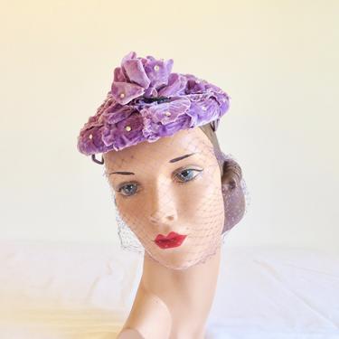 Vintage 1950&#39;s Lilac Purple Velvet Rose Flower and Petals Fascinator Hat Rhinestones Veil Spring Retro 50&#39;s Millinery Evelyn Varon 