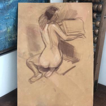 Vintage MCM Minimal Nude Woman Figure Sketch on Velvet-Textured Paper Mid Century Modern Pnw Artist Art Retro Deco 