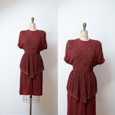 1940s Brown Crepe Studded Dress / 40s Peplum Dress AS IS 