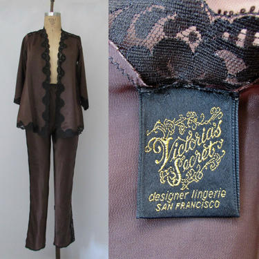 VICTORIA'S SECRET Vintage 70s 2 Piece Jacket &amp; Pants Set | 1970s Brown Satin and Lace Loungewear Pajamas Pinup | 80s 1980s Lingerie | Small 