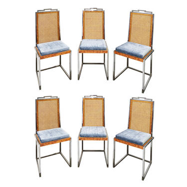 Willy Rizzo Set of 6 Dining Chairs in Chrome and Burl Wood 1970s