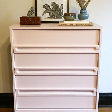 SOLD**Blush Pink Mid Century Modern Tall Dresser//Vintage Modern Tallboy//Refinished Bedroom Drawers//Painted MCM Bureau//Nursery Dresser 